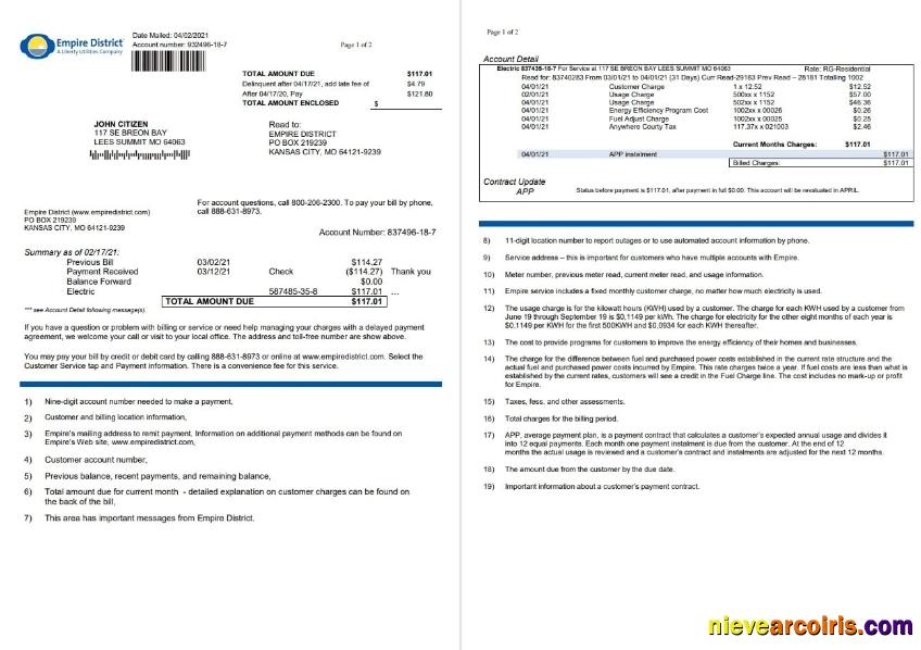 USA Empire District Electric Company utility bill 2 pages